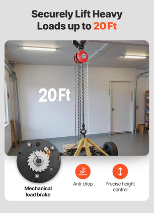 Hand Chain Hoist, 1 Ton 2200 lbs Capacity, Manual Chain Block with Upgrade G70 Galvanized Chain, 20 ft Lifting Height, Heavy Duty Pulley Hoist for Garage Warehouse Automotive Machinery, Red