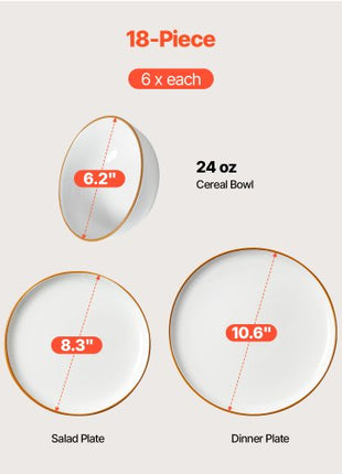 Dinnerware Set, Service for 6 (18 PCS), Round Plates and Bowls Sets, Scratch Resistant Ceramic Dinner Ware, Dishwasher and Microwave Suitable Kitchen Dish, for Dessert Salad Soup Pasta, White