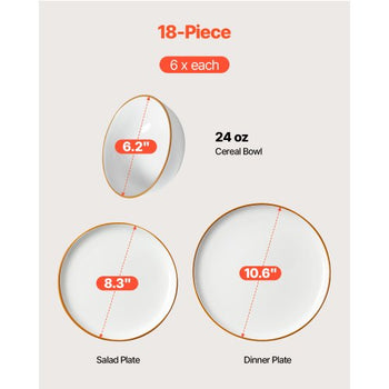Dinnerware Set, Service for 6 (18 PCS), Round Plates and Bowls Sets, Scratch Resistant Ceramic Dinner Ware, Dishwasher and Microwave Suitable Kitchen Dish, for Dessert Salad Soup Pasta, White