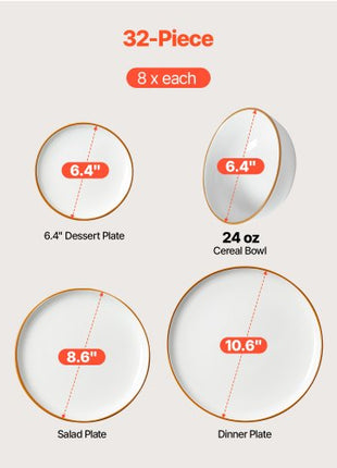 Dinnerware Set, Service for 8 (32 PCS), Round Plates and Bowls Sets, Scratch Resistant Ceramic Dinner Ware, Dishwasher and Microwave Suitable Kitchen Dish, for Dessert Salad Soup Pasta, White