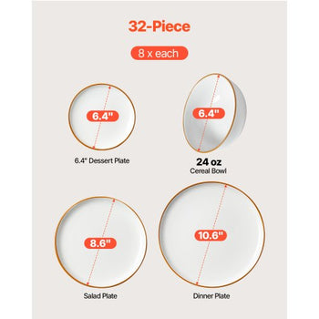 Dinnerware Set, Service for 8 (32 PCS), Round Plates and Bowls Sets, Scratch Resistant Ceramic Dinner Ware, Dishwasher and Microwave Suitable Kitchen Dish, for Dessert Salad Soup Pasta, White
