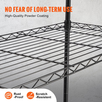 Black powder-coated metal shelving unit with scratch-resistant design, ideal for long-term use and durability.