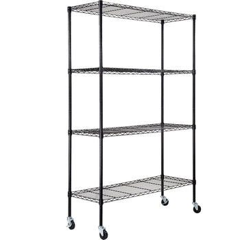 Black metal shelving unit on wheels, featuring four wire shelves for versatile storage and organization in any space.