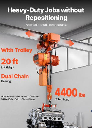4400 lbs Electric Chain Hoist, 20 ft Lifting Height, Three-Phase Overhead Crane with 328 ft Wireless & 16 ft Wired Remote Control, Double G100 Chain Hoist for Factories, Warehouses, Garages