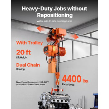 4400 lbs Electric Chain Hoist, 20 ft Lifting Height, Three-Phase Overhead Crane with 328 ft Wireless & 16 ft Wired Remote Control, Double G100 Chain Hoist for Factories, Warehouses, Garages