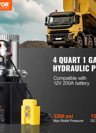 Hydraulic Pump, 4 Quart Hydraulic Power Unit, Single Acting Dump Trailer Pump, 0.91 GPM Flow Rate, 3200 PSI Max Relief Pressure, DC 12V Hydraulic Pump for Dump Trailer Car Lifting