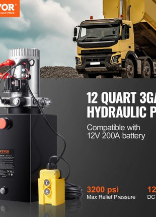 Hydraulic Pump, 12 Quart Hydraulic Power Unit, Single Acting Dump Trailer Pump, 0.91 GPM Flow Rate, 3200 PSI Max Relief Pressure, DC 12V Hydraulic Pump for Dump Trailer Car Lifting