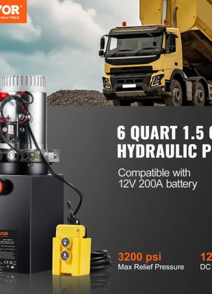 Hydraulic Pump, 6 Quart Hydraulic Power Unit, Double Acting Dump Trailer Pump, 0.91 GPM Flow Rate, 3200 PSI Max Relief Pressure, DC 12V Hydraulic Pump for Dump Trailer Car Lifting