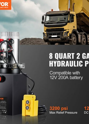 Hydraulic Pump, 8 Quart Hydraulic Power Unit, Double Acting Dump Trailer Pump, 0.91 GPM Flow Rate, 3200 PSI Max Relief Pressure, DC 12V Hydraulic Pump for Dump Trailer Car Lifting