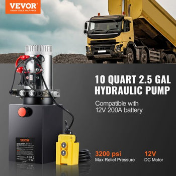 Hydraulic Pump, 10 Quart Hydraulic Power Unit, Double Acting Dump Trailer Pump, 0.91 GPM Flow Rate, 3200 PSI Max Relief Pressure, DC 12V Hydraulic Pump for Dump Trailer Car Lifting