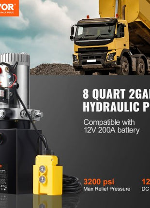 Hydraulic Pump, 8 Quart Dump Trailer Pump, Single Acting Hydraulic Power Unit, 3200 PSI Max Relief Pressure, 0.91 GPM Flow Rate, Hydraulic Pump Power Unit for Dump Trailer Car Lifting
