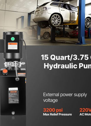 Hydraulic Pump Power Unit, AC 220V, 15 Quart Single Acting Hydraulic Unit, 6.3 L/min Oil Flow, Max Discharge Pressure 22 MPa for Dump Truck, Auto Repair Garage, Car Lifting Platforms, Black