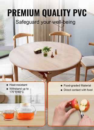 Round wooden dining table with premium PVC top, featuring heat-resistant, food-grade material, perfect for modern aesthetics.