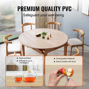 Round wooden dining table with premium PVC top, featuring heat-resistant, food-grade material, perfect for modern aesthetics.