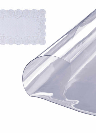 Clear PVC table cover with lace design, 52 x 70 inches, ideal for protecting and enhancing dining surfaces.