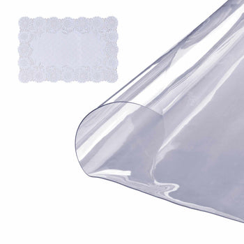 Clear PVC table cover with lace design, 52 x 70 inches, ideal for protecting and enhancing dining surfaces.