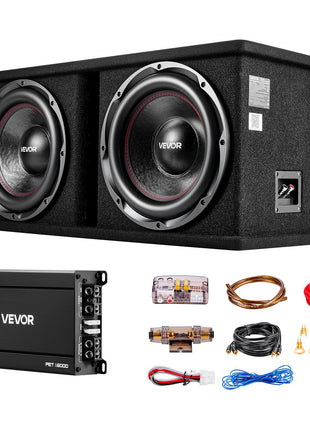 Subwoofer Bass Package, 12 in, 1200W RMS, Dual Car Audio Subwoofer and Amp Package, with Loaded Enclosure, Separate Amplifier, and Wiring Kit, for Various Vehicles Trunks, Car Audio Systems