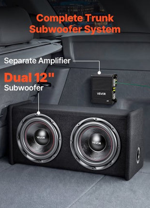 Subwoofer Bass Package, 12 in, 490W RMS, Dual Car Audio Subwoofer and Amp Package, with Loaded Enclosure, Separate Amplifier, and Wiring Kit, for Various Vehicles Trunks, Car Audio Systems