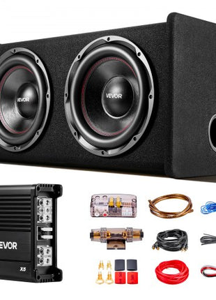 Subwoofer Bass Package, 12 in, 490W RMS, Dual Car Audio Subwoofer and Amp Package, with Loaded Enclosure, Separate Amplifier, and Wiring Kit, for Various Vehicles Trunks, Car Audio Systems