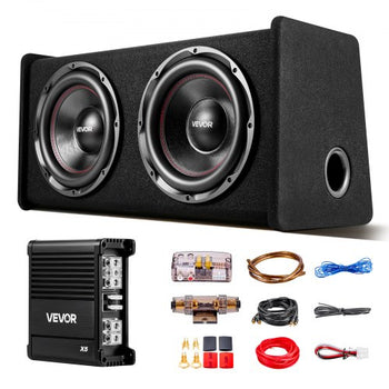 Subwoofer Bass Package, 12 in, 490W RMS, Dual Car Audio Subwoofer and Amp Package, with Loaded Enclosure, Separate Amplifier, and Wiring Kit, for Various Vehicles Trunks, Car Audio Systems