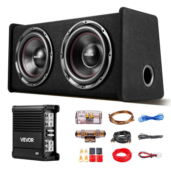 Subwoofer Bass Package, 12 in, 490W RMS, Dual Car Audio Subwoofer and Amp Package, with Loaded Enclosure, Separate Amplifier, and Wiring Kit, for Various Vehicles Trunks, Car Audio Systems