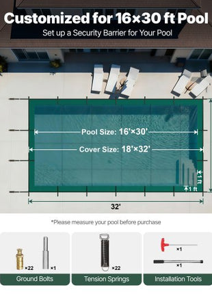 Pool Safety Cover Fits 16x30ft Rectangle Inground Pools, Safety Pool Cover with Drainage Holes, Mesh Solid Pool Cover for Swimming Pool, Winter Safety Cover, Green