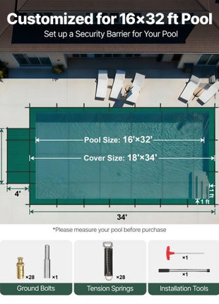 Pool Safety Cover Fits 16x32ft Rectangle Inground Pools, Safety Pool Cover with 4x10ft Center End Step, Mesh Solid Pool Cover with Drainage Holes for Swimming Pool, Winter Safety Cover, Green