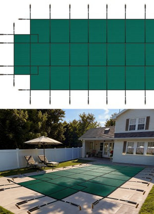 Pool Safety Cover Fits 16x32ft Rectangle Inground Pools, Safety Pool Cover with 4x10ft Center End Step, Mesh Solid Pool Cover with Drainage Holes for Swimming Pool, Winter Safety Cover, Green