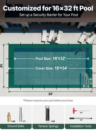 Pool Safety Cover Fits 16x32ft Rectangle Inground Pools, Safety Pool Cover with Drainage Holes, Mesh Solid Pool Cover for Swimming Pool, Winter Safety Cover, Green