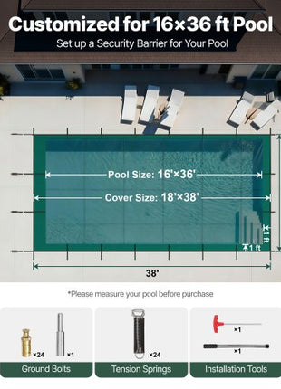 Pool Safety Cover Fits 16x36ft Rectangle Inground Pools, Safety Pool Cover with Drainage Holes, Mesh Solid Pool Cover for Swimming Pool, Winter Safety Cover, Green