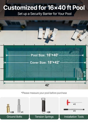 Pool Safety Cover Fits 16x40ft Rectangle Inground Pools, Safety Pool Cover with Drainage Holes, Mesh Pool Cover for Swimming Pool, Winter Safety Cover, Green
