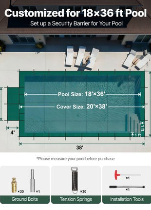 Pool Safety Cover Fits 18x36ft Rectangle Inground Pools, Safety Pool Cover with 4x10ft Center End Step, Mesh Solid Pool Cover with Drainage Holes for Swimming Pool, Winter Safety Cover, Green