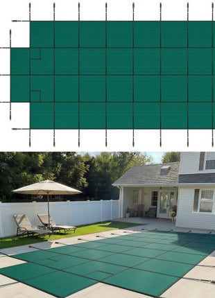 Pool Safety Cover Fits 18x36ft Rectangle Inground Pools, Safety Pool Cover with 4x10ft Center End Step, Mesh Solid Pool Cover with Drainage Holes for Swimming Pool, Winter Safety Cover, Green