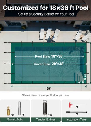 Pool Safety Cover Fits 18x36ft Rectangle Inground Pools, Safety Pool Cover with Drainage Holes, Mesh Solid Pool Cover for Swimming Pool, Winter Safety Cover, Green