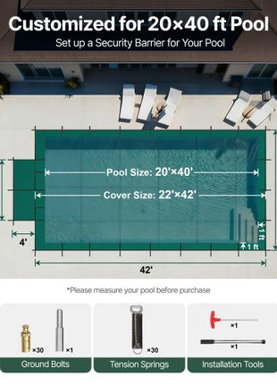 Pool Safety Cover Fits 20x40ft Rectangle Inground Pools, Safety Pool Cover with 4x10ft Center End Step, Mesh Solid Pool Cover with Drainage Holes for Swimming Pool, Winter Safety Cover, Green