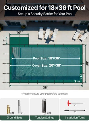 Inground Pool Safety Cover, 20 ft x 38 ft Rectangular Winter Pool Cover with Right Step, Triple Stitched, High Strength Mesh PP Material, Good Rain Permeability, Installation Hardware Included