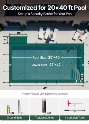 Inground Pool Safety Cover, Fits 20 ft x 40 ft Rectangular Winter Pool Cover with Right Step, Triple Stitched, High Strength Mesh PP, Good Rain Permeability, Installation Hardware Included
