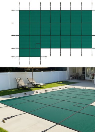 Inground Pool Safety Cover, 18 ft x 34 ft Rectangular Winter Pool Cover with Left Step,  Triple Stitched, High Strength Mesh PP Material, Good Rain Permeability, Installation Hardware Included