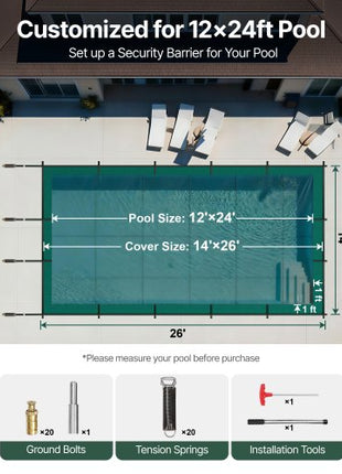 Inground Pool Safety Cover, 14 ft x 26 ft Rectangular Winter Pool Cover, Triple Stitched, High Strength Mesh PP Material with Good Rain Permeability, Installation Hardware Included, Green
