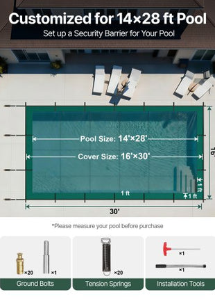 Inground Pool Safety Cover, 16 ft x 30 ft Rectangular Winter Pool Cover, Triple Stitched, High Strength Mesh PP Material with Good Rain Permeability, Installation Hardware Included, Green