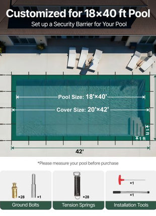 Inground Pool Safety Cover, 20 ft x 42 ft Rectangular Winter Pool Cover, Triple Stitched, High Strength Mesh PP Material with Good Rain Permeability, Installation Hardware Included, Green