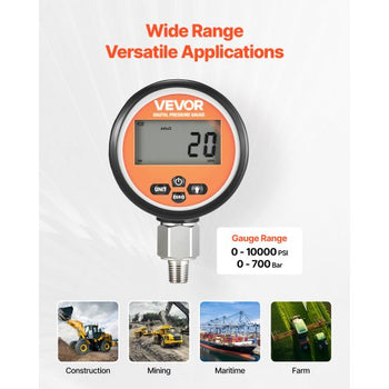 Digital Hydraulic Pressure Gauge, 0-10000 PSI (0-700 Bar) Hydraulic Pressure Sensor, Manometer Tester with 1/4 inch NPT Base Entry for Excavator Construction Machinery, Stainless Steel Housing