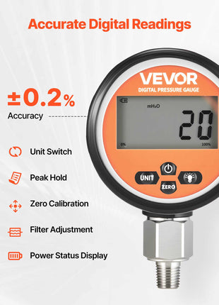 Digital Hydraulic Pressure Gauge, 0-10000 PSI (0-700 Bar) Hydraulic Pressure Sensor, Manometer Tester with 1/4 inch NPT Base Entry for Excavator Construction Machinery, Stainless Steel Housing