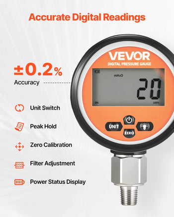 Digital Hydraulic Pressure Gauge, 0-10000 PSI (0-700 Bar) Hydraulic Pressure Sensor, Manometer Tester with 1/4 inch NPT Base Entry for Excavator Construction Machinery, Stainless Steel Housing