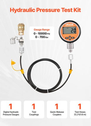Digital Hydraulic Pressure Test Coupling Kit, 10000 PSI Pressure Gauge Manometer Tester with 1 Gauge, 1 Test Coupling, 1 Quick-Release Coupler, and 1 Hose for Excavator Construction Machinery