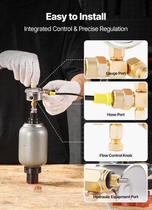 Hydraulic Nitrogen Accumulator Charging Kit, 0-1420 PSI Nitrogen Fill Kit, Pressure Test System with 1 Pressure Gauge, 1 Gas Hose, 1 Valve Body and 1 CGA580 Adapter for Construction Machinery