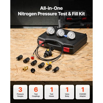 Hydraulic Nitrogen Accumulator Charging Kit, All-in-One Nitrogen Fill Kit, Pressure Test System with 3 Gauges (1500, 4000, 6000 PSI), 6 Adapters Couplings, 1 Gas Hose, 1 Valve, 1 CGA580 Adapter
