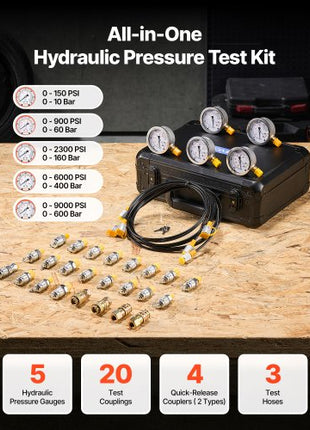 Hydraulic Pressure Test Kit, 150/900/2300/6000/9000 PSI (10/60/160/400/600 Bar), Hydraulic Gauge Kit 5 Gauges 20 Couplings 4 Quick-Release Couplers 3 Hoses for Excavator Construction Machinery