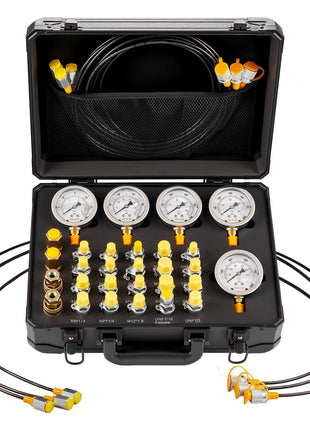 Hydraulic Pressure Test Kit, 150/900/2300/6000/9000 PSI (10/60/160/400/600 Bar), Hydraulic Gauge Kit 5 Gauges 20 Couplings 4 Quick-Release Couplers 3 Hoses for Excavator Construction Machinery