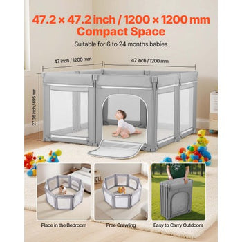 Baby Playpen, 47.2? x 47.2? Foldable Toddlers Playpen, Indoor/Outdoor Baby Fence Play Yard with Zippered Door & Soft Breathable Mesh, No-Gap Toddlers Activity Center for 6 -24 Months Babies